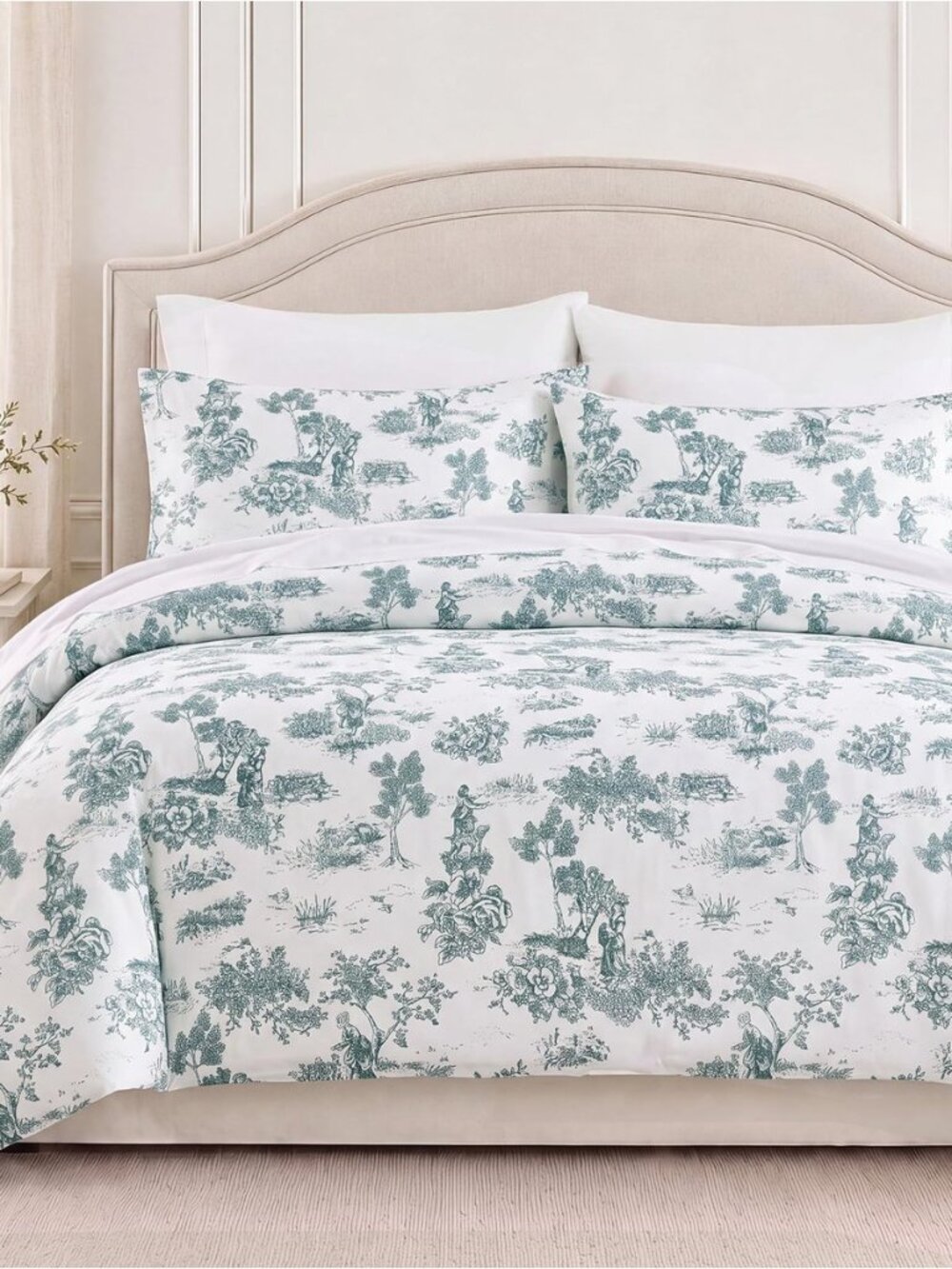 100% Cotton Toile Duvet Cover Set Queen Size, Teal Green French Country Bedding